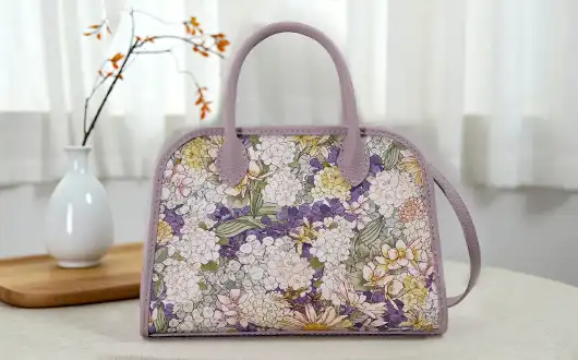 Lilac Floral Print Handbag with Leather Trim